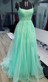 A Line Mint Green Lace Long Semi Formal Prom Dresses, Mint Green Lace Formal Graduation Evening Dresses